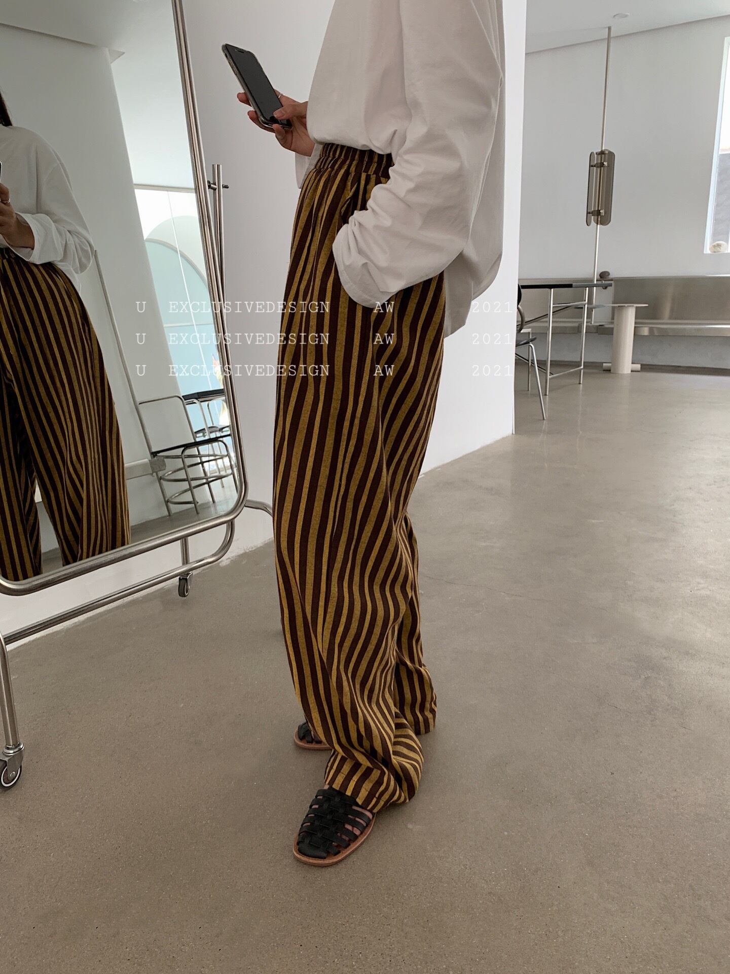 ブラックホワイトストライプワイドレッグパンツ レディーススプリングオータムカジュアルストレッチウェストハイウェストルーズ薄手 エラスティック 伸縮 春物 秋物 ワイドパンツ ビッグFスモールZ韓国35909767956