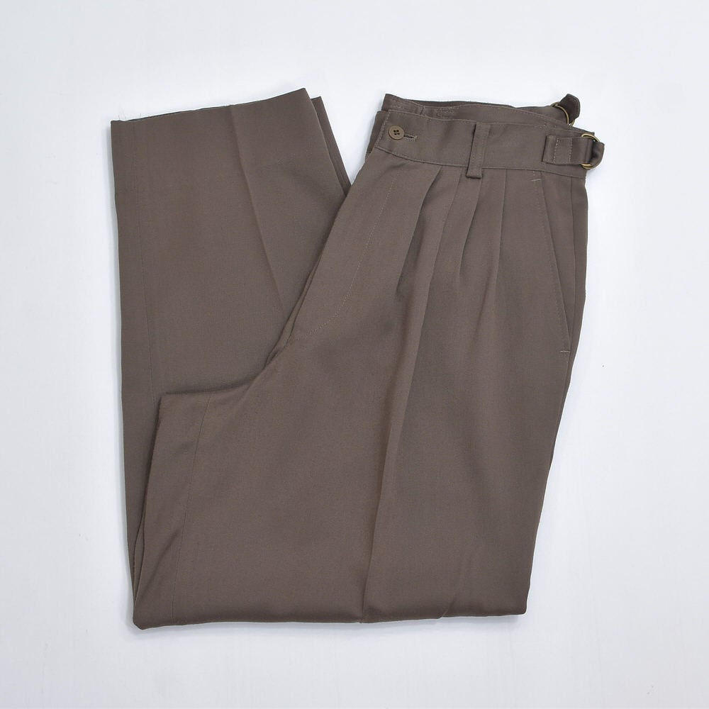 80~90s MONSIEUR GILVIE ムッシュジルビー ツータック サイドアジャスター デザイン ワイド スラックス トラウザーズ パンツ ブラウン ジャパンヴィンテージ ビンテージ 古着 メンズW28~29インチ相当