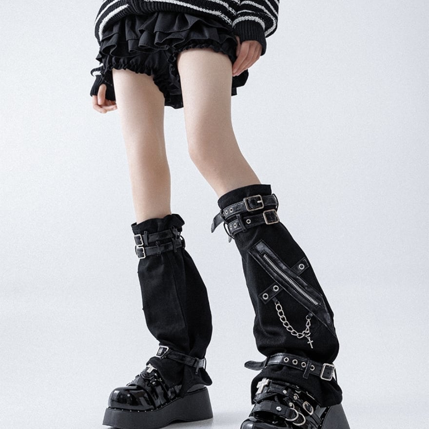パンク レッグウォーマー 多重バックル×メタルチェーン×ジッパー
