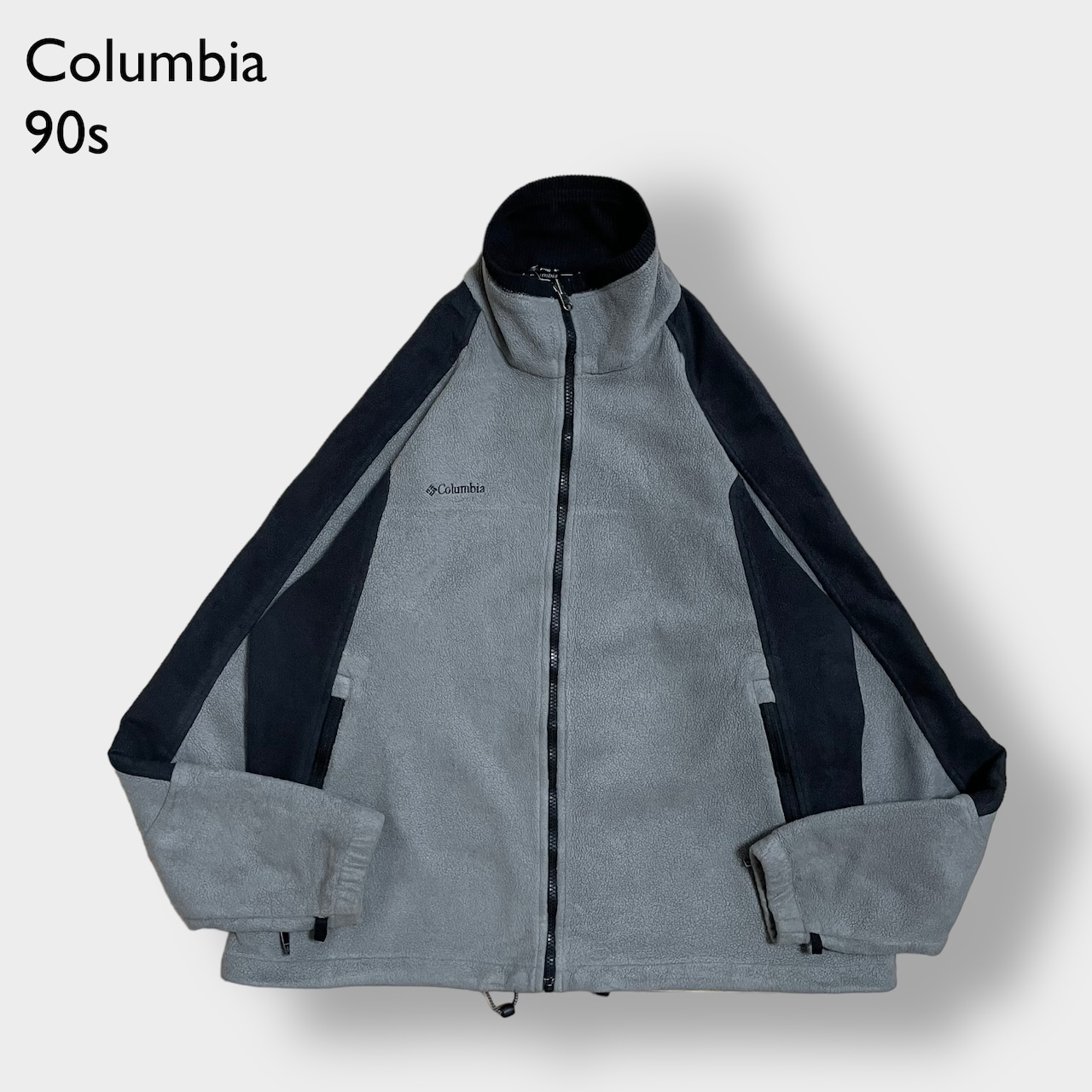 Columbia 90s 訳あり フリースジャケット XL ビッグサイズ ジップアップ フルジップ アウター コロンビア アウトドア ワンポイント 刺繍ロゴ 切替 ラグランスリーブ US古着