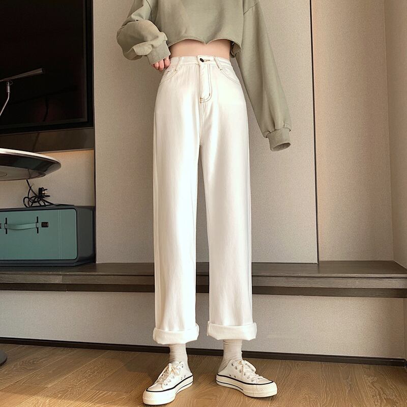 ホワイトジーンズ ルーズスプリングオータムハイウェストウェストワイドレッグパンツ スタイル 春物 秋物 ワイドパンツ 試着室83569394549