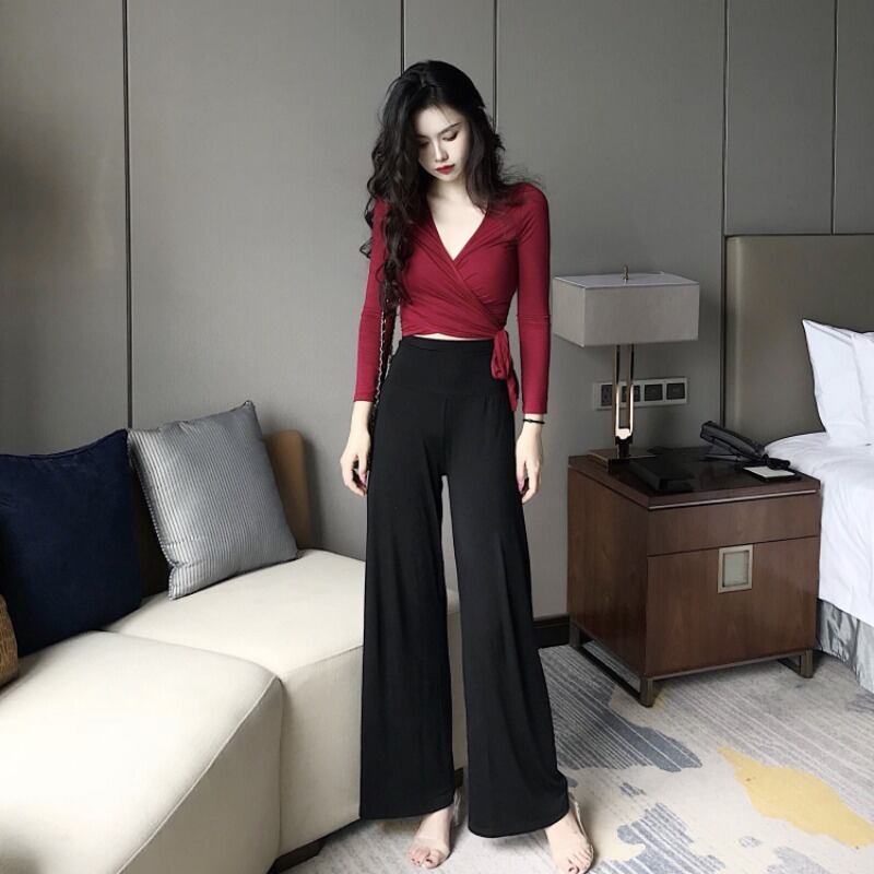 スプリングVネックTシャツ ショートスタイルハイウェストウェストワイドレッグパンツ 春物 ワイドパンツ YY-ファッション56209877460