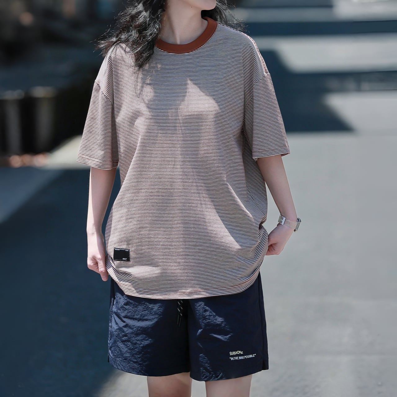 オーバーサイズピンボーダークルーネックTシャツ A02310