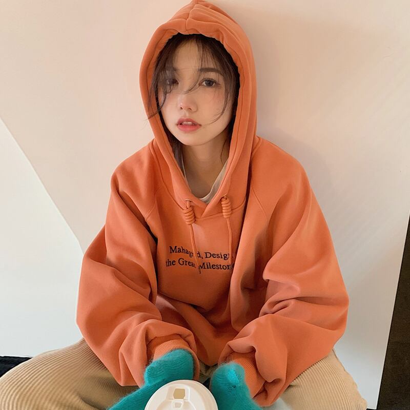 オレンジレッドベルベットフードスウェット オータムウィンタールーズトップス ロング 秋物 冬物 試着室81418020375