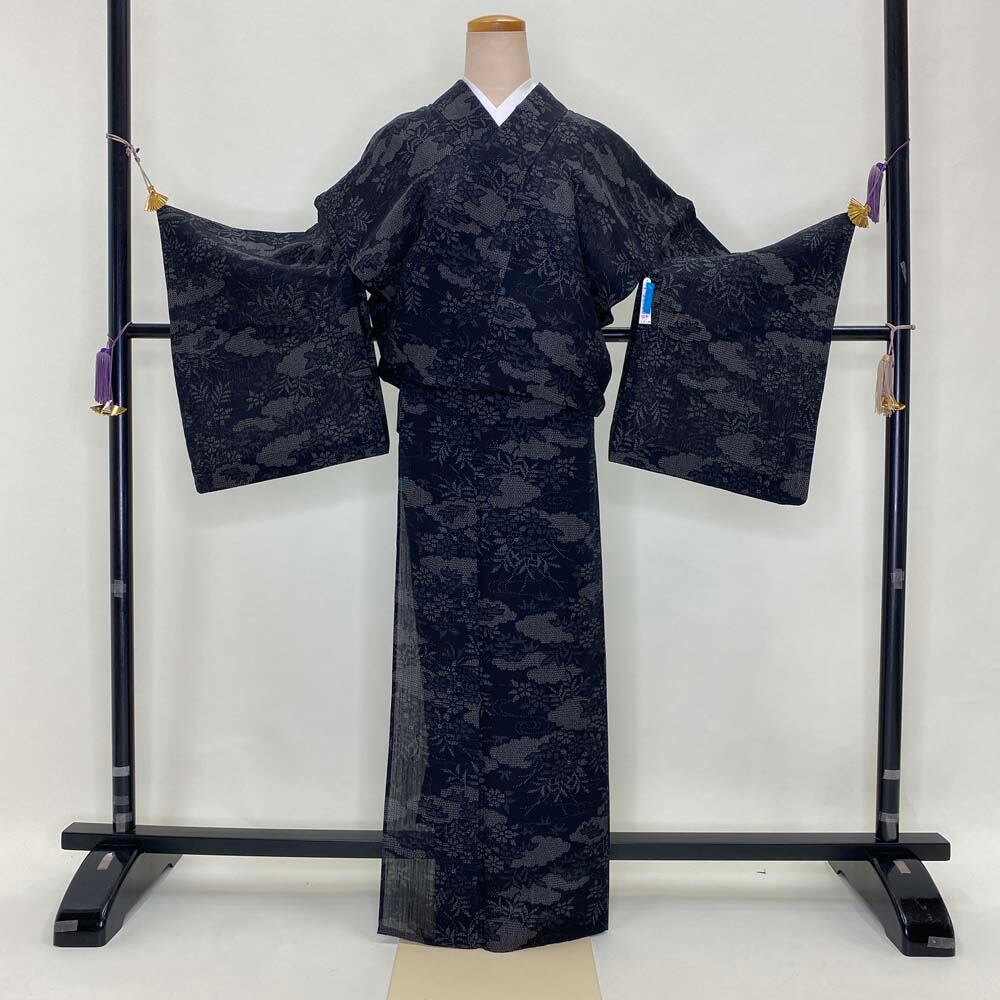 夏結城 結城紬 正絹 夏用 夏物 亀甲 黒 お洒落着 普段着 夏着物 裄68.7  