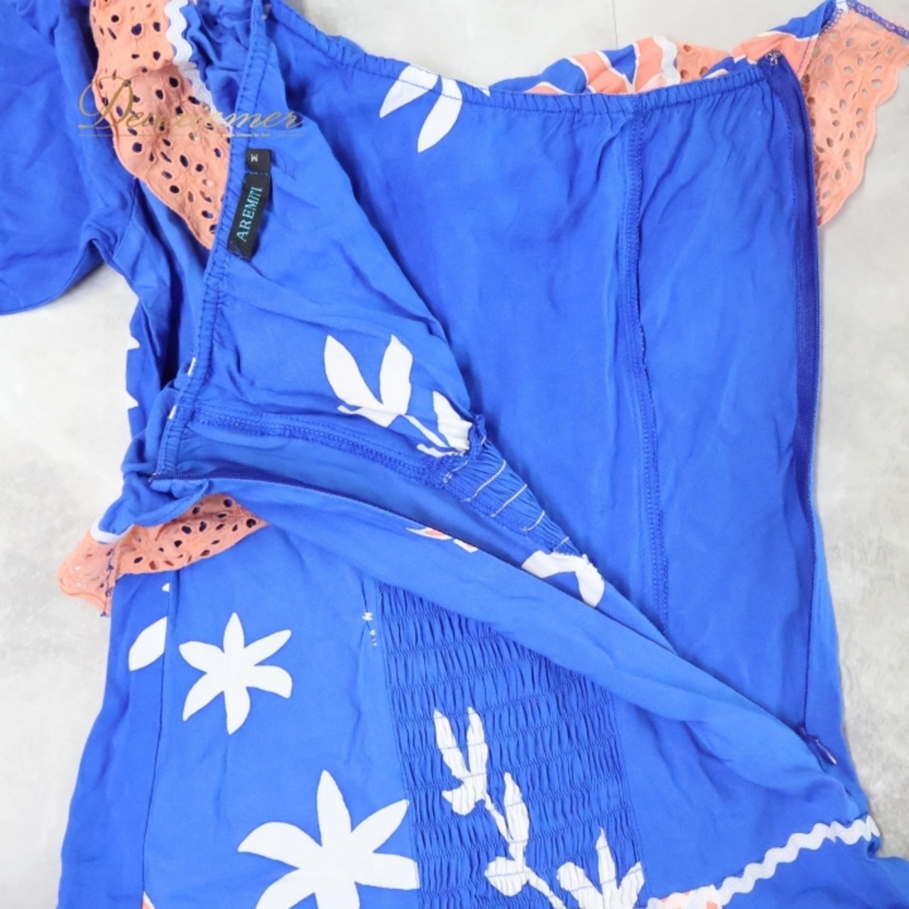 フラダンス 衣装 ワンピース ドレス アレミティ ブルー系 AREMITI 肩出し オフショルダー ワンオフショル レース 花柄 スリット 可愛い 華やか 鮮やか ハワイアン アロハ ハワイアンプリント オレンジ系 ホワイト系 レッスン 練習