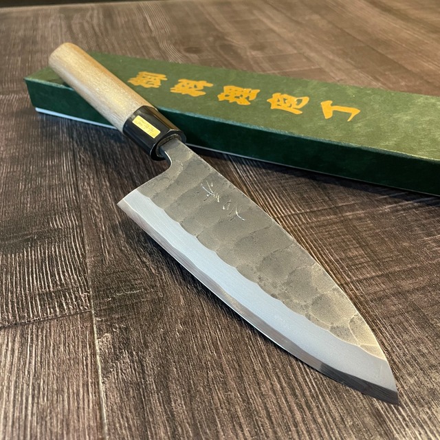 "YOSHIKANE" Black Forged 150mm Deba Knife with Buffalo Handle - Crafted by Tsuneo Yoshida old stock