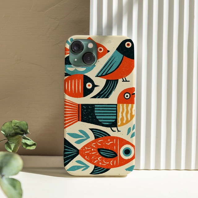 受注生産 iPhoneケース 鳥と魚のサイケ民芸柄｜鳥と魚モチーフ PSYF001C