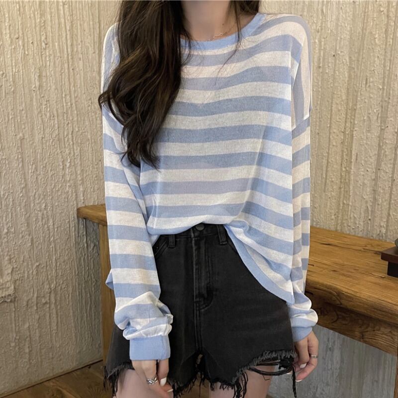 ストライプ薄手ルーズニットセーター オータムトップス レディース ロング 秋物 ハンチェンe82709148939