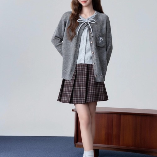 刺繍ポケットリボンニットカーデ ・72857