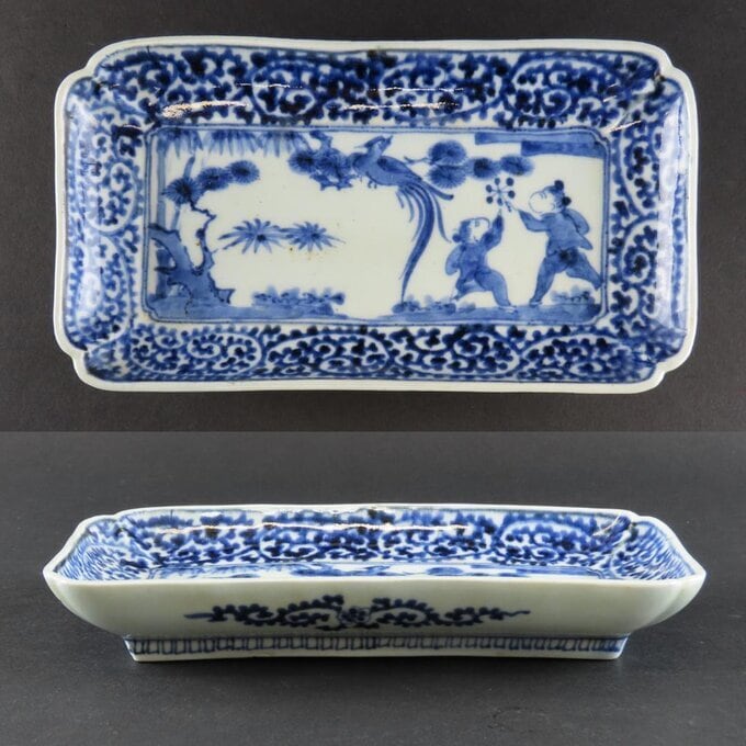 R-044226 古民具・骨董 江戸期 古伊万里 藍九谷 松と鴎 変形 R-044226 古民具・骨董 江戸期 古伊万里 藍九谷 松と鴎 変形