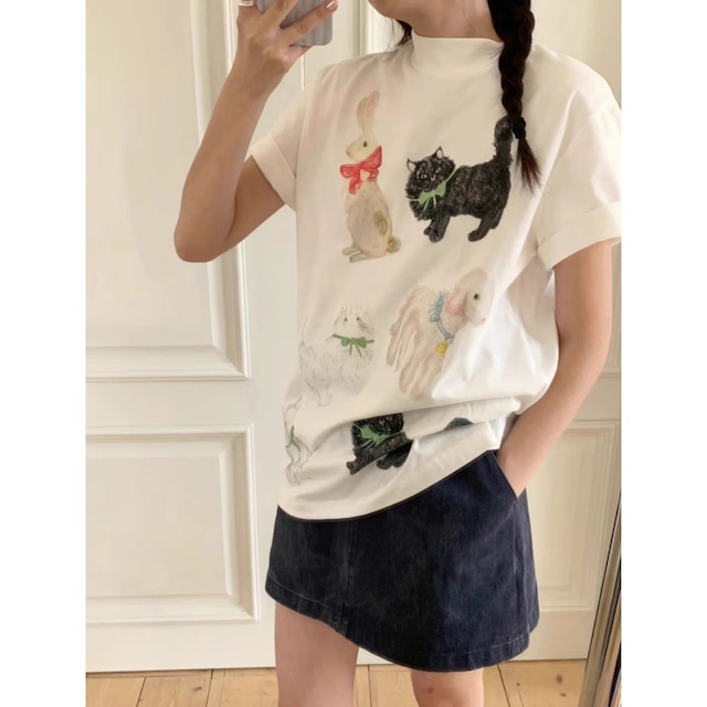 Cat Doodle Loose Little High Neck T-Shirt <2colors>