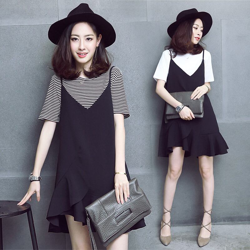 【新作】【送料無料】 マタニティウェアの2020年バージョン2枚/ファッションTシャツのセット+スカートソリッドストラップブラックプラスサイズの妊婦 大きめサイズ ソリッドカラー AL expec390145892023