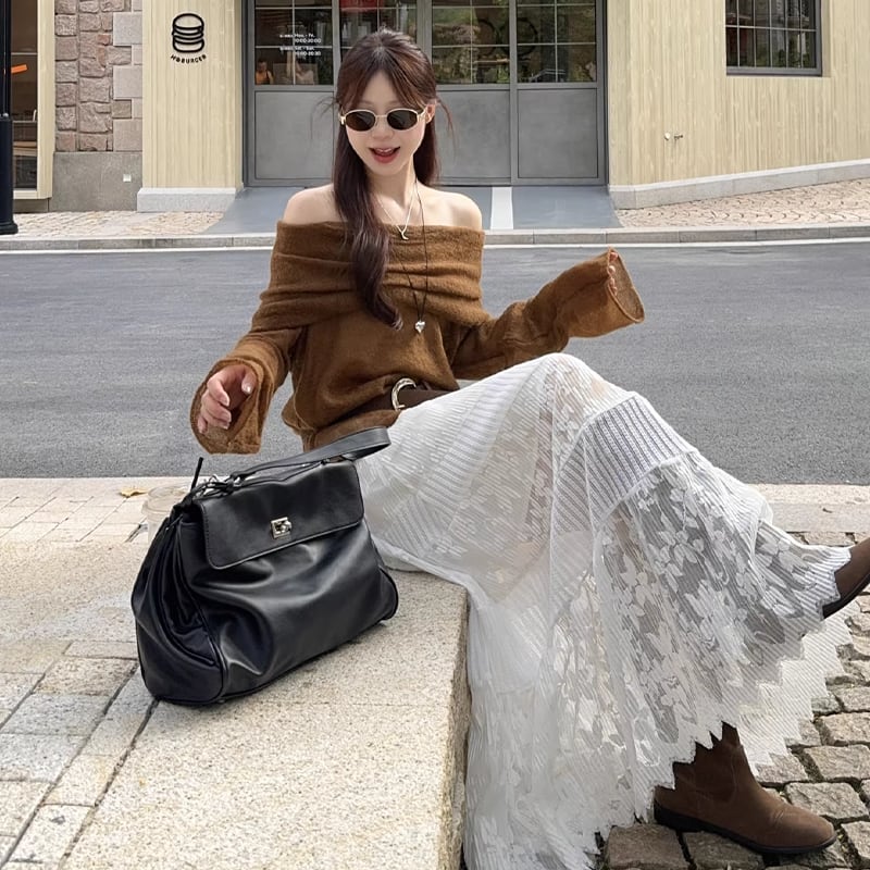 【set】オフショルダーニットトップス×レースロングスカートセット Q8094