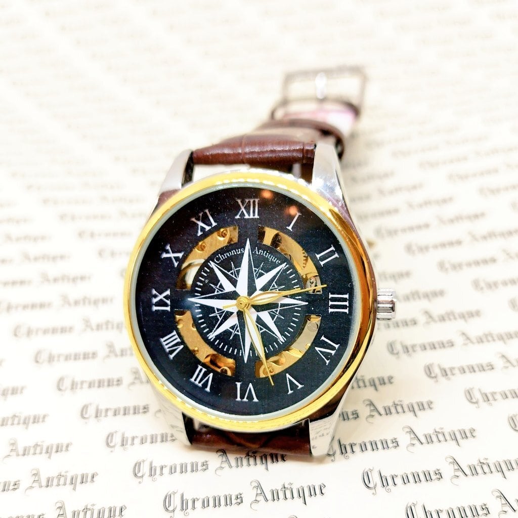 No.134 手巻き式懐中時計（クローム・黒面横開け・シンプル・金古歯車