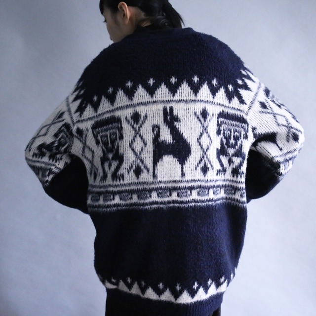 "モケモケ" mohair motif knit mural full pattern over silhouette 5b cardigan