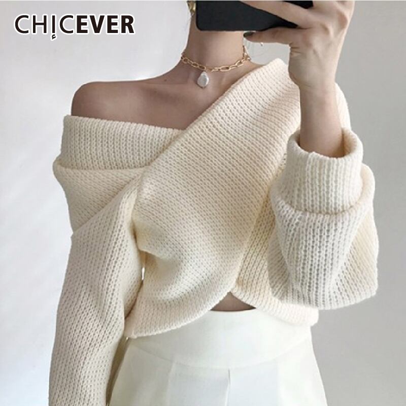 CHICEVERセクシークロスセーター女性Vネックランタンスリーブオフショルダーニットプルオーバー2020 6base52054775706