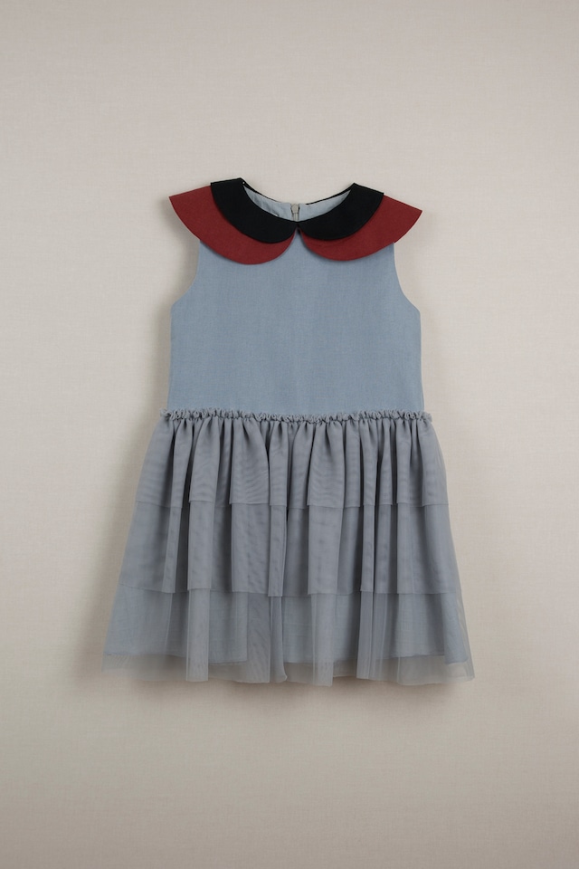【20SS】ポぺリン　Popelin　double frill dress ワンピース blue  [ 18-24m / 3-4y / 5y / 7y ］