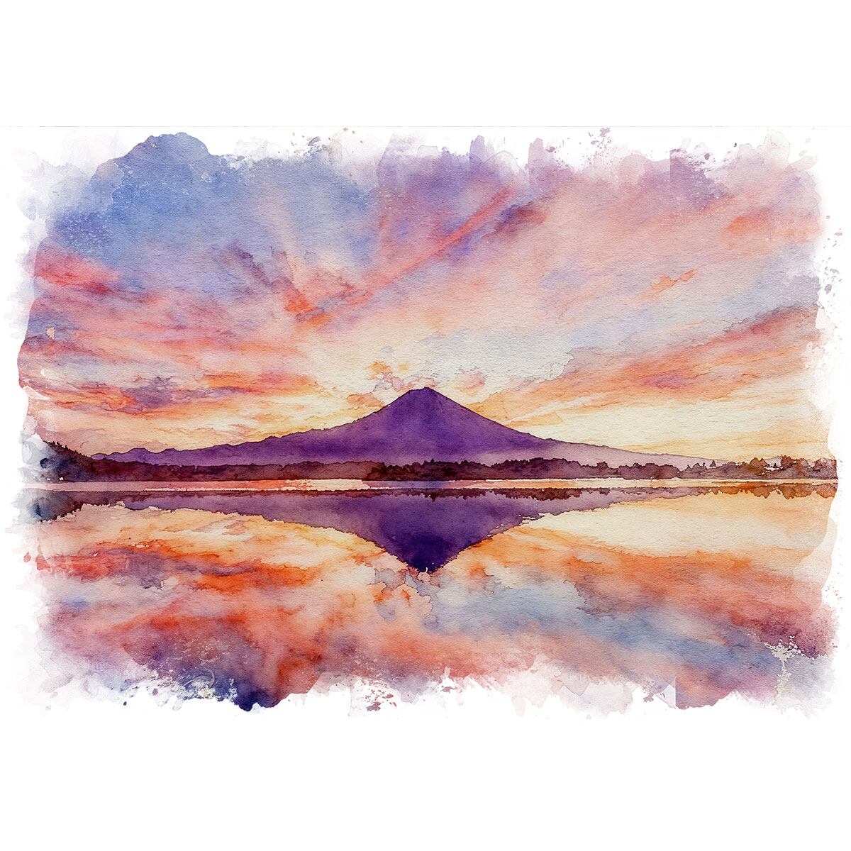 絵画 風景画 日本 静岡県 田貫湖より望む朝焼けの富士山 インテリアアート額付き 水彩画風 WAT1766