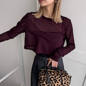 crew neck tulle sheer short tops/burgundy