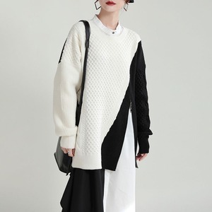 CONTRAST DESIGN ZIP TRIMMED ROUND NECK PUPLLOVER KNIT 2colors M-14979