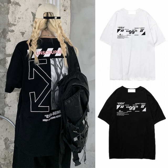 ユニセックス Tシャツ 半袖 ラウンドネック バックプリント オーバーサイズ メンズ レディース トップス 大きめ カジュアル ストリートファッション / Arrow character front and back printing T-shirt (DTC-647820082238)