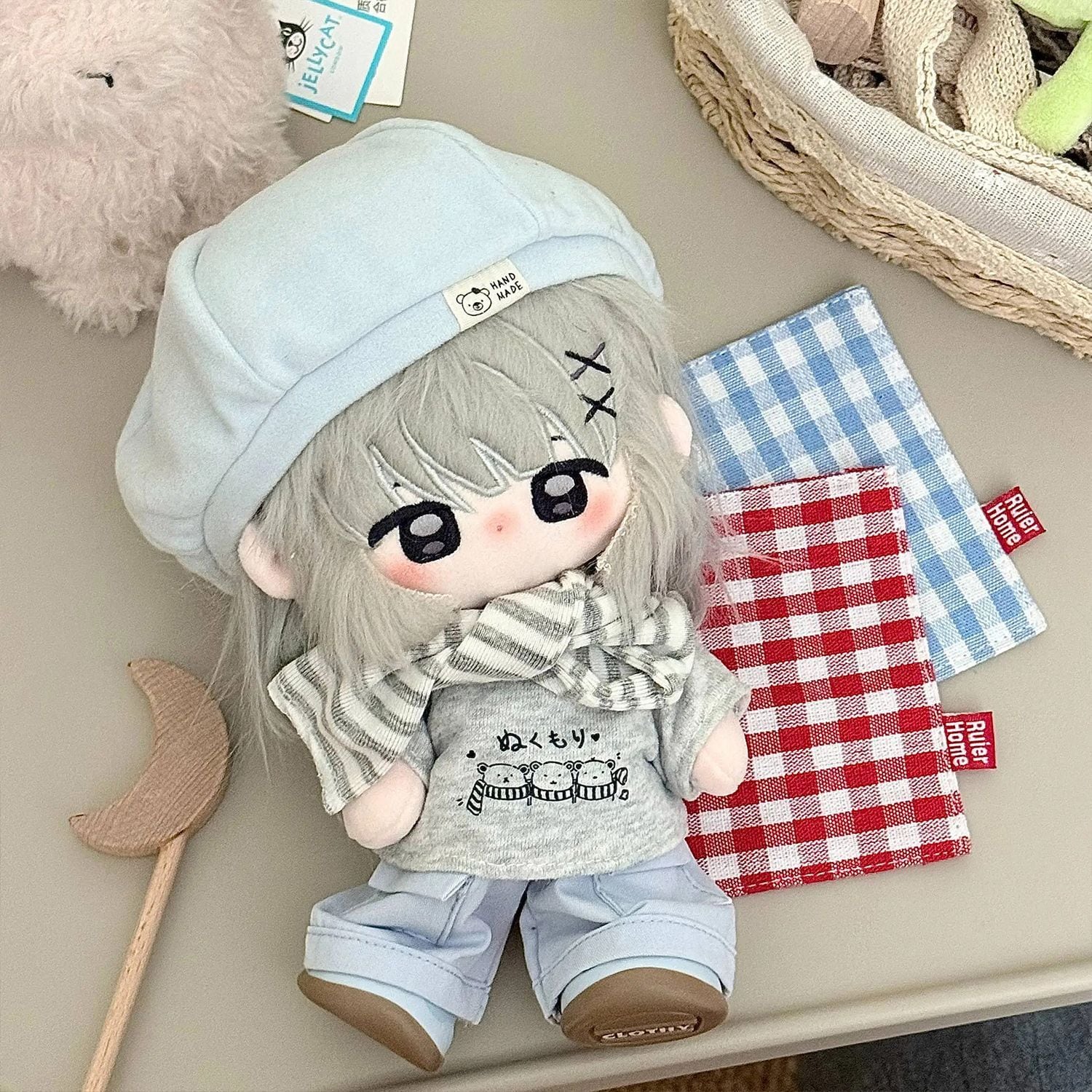 20cmぬいぐるみ用 秋 くま柄トップス+パンツ+マフラー+帽子 カジュアル