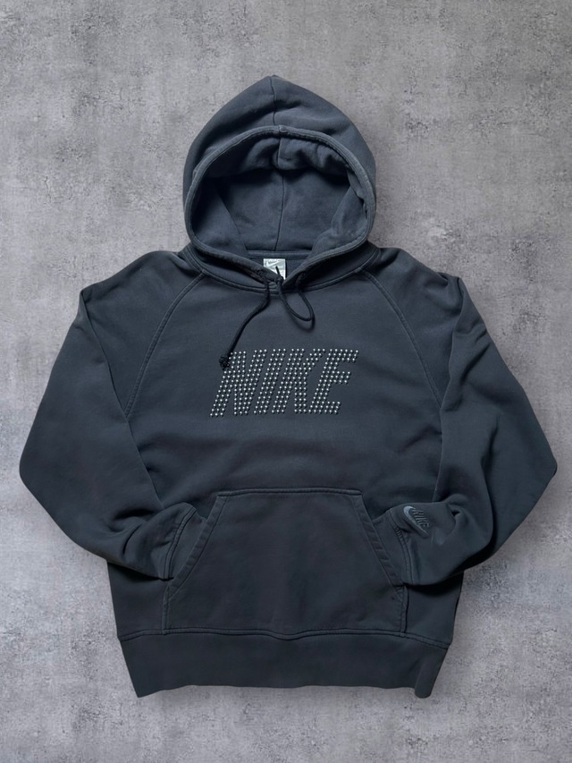 ［00s］Nike Y2K Studded Logo Pullover Hoodie in Faded Charcoal Grey Heavyweight Sweatshirt