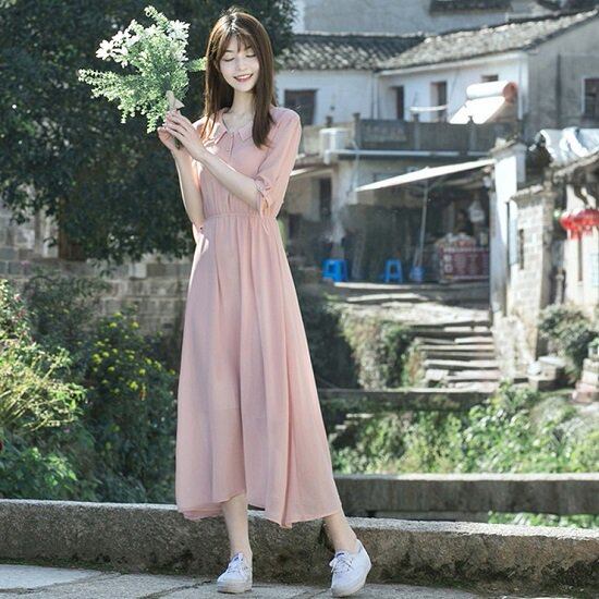【新品】カラードレス ピンク シフォン ロングワンピース Lサイズ