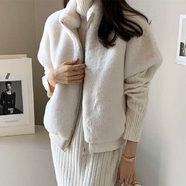 ベスト 2色展開 フェイクミンク ジッパー ゆるい ベージュ ブラック