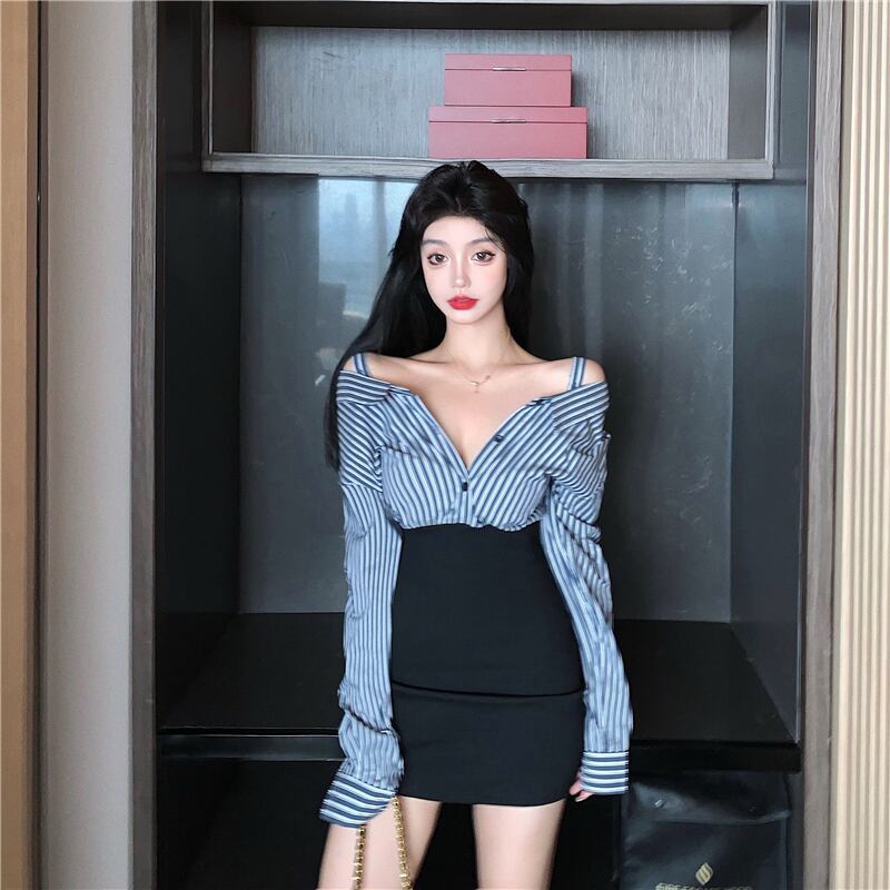 長袖シャツワンピースレディース秋タイトフィットバッグヒップボトミングショートスカート2020新気性ウエストスカート ブラックストロベリース70841004143