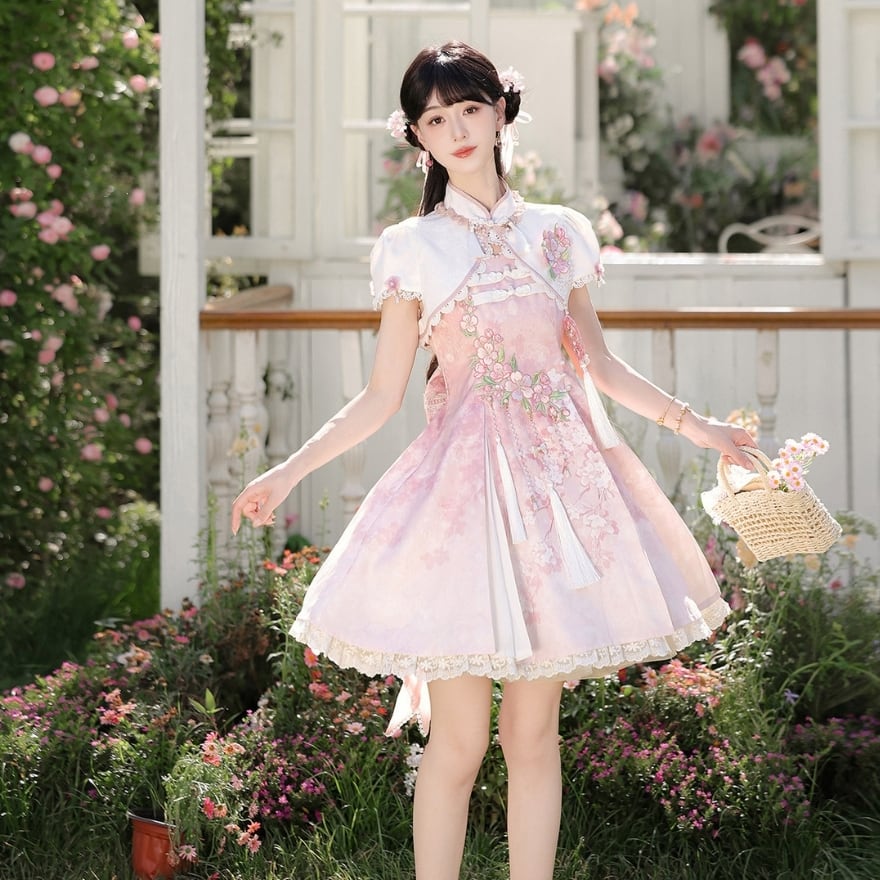 中華ロリータ ガーリーな量産型 ピンク花刺繍キャミワンピ ボレロ付き