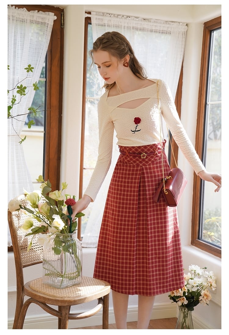 セットアップお花トップス∔チェックロングスカート | おしゃれふぁっ 