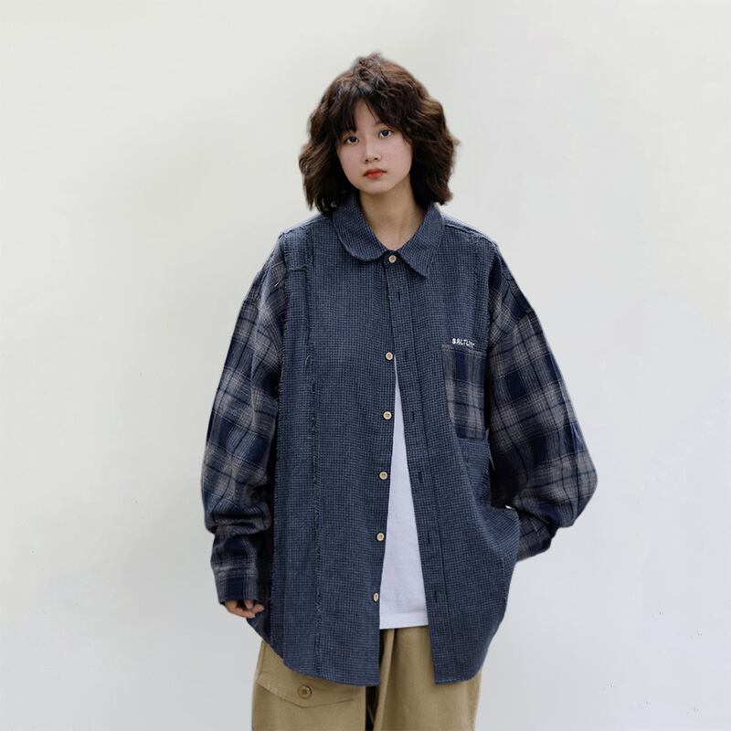 AFISHSTAY青藍色チェック柄切り替え長袖シャツ | mblueshop AFISHSTAY青藍色チェック柄切り替え長袖シャツ | mblueshop