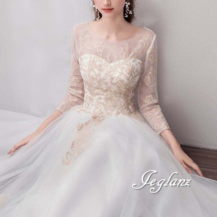 美ライン ウエディングドレス 切替 チュール 背中 編み上げ 7分袖 (M7685)ο