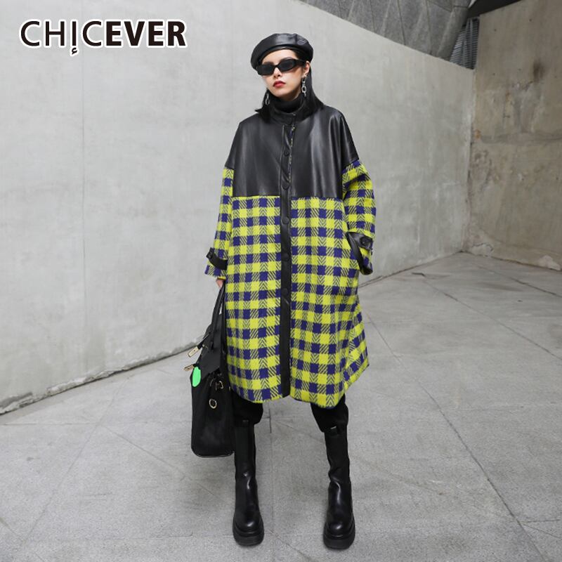 CHICEVERチェック柄ツイードトレンチレディースタートルネック長袖パッチワークヒットカラーPuコート2020冬 ロング ウィンター 冬物 6base526018863867