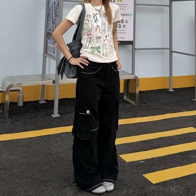 コントラストステッチワイドシルエットカーゴパンツ 2col R02455