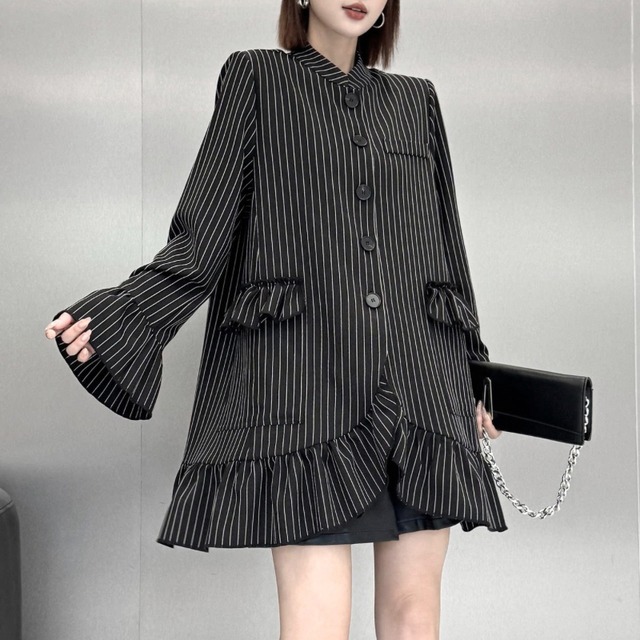 Pinstripe ruffle detail long shirt C1630