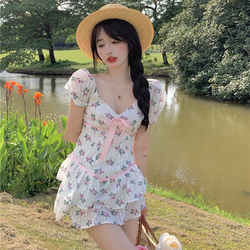 サマースタイルスタンダードVネックフローラルスカート ウェストドレス レディース レトロ 夏物 花柄 ドラファッションホール24156044739