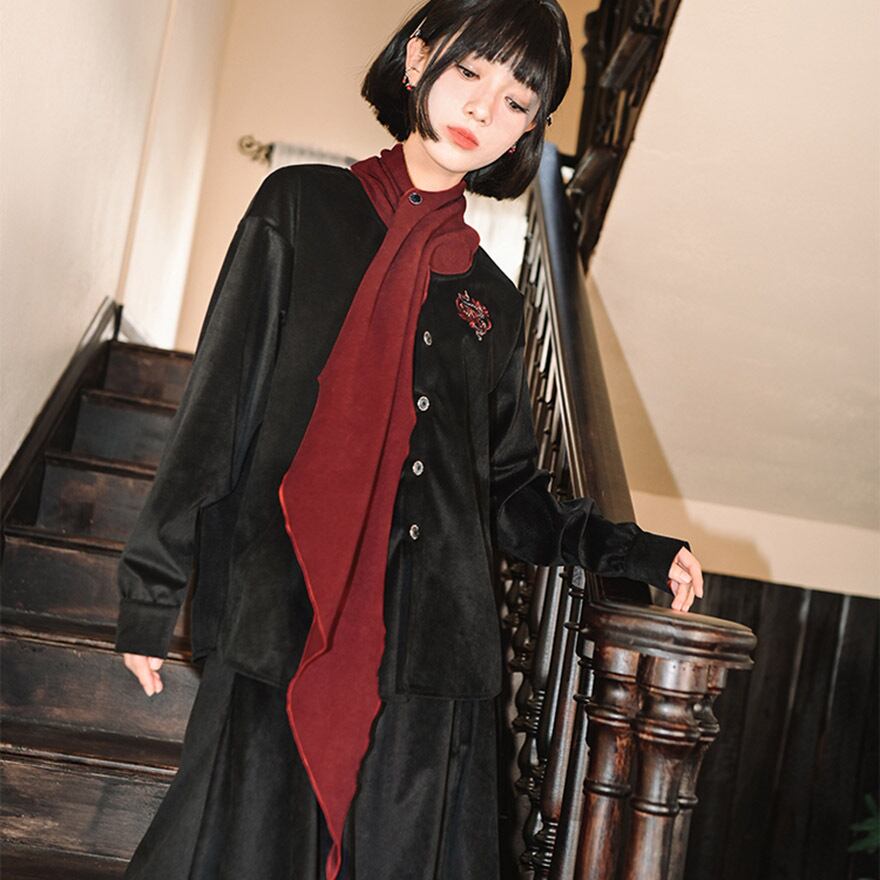 サブカル 服 地雷系 チャイナ風 ドレスシャツ 刺繍 スカーフ風 個性的 秋冬服 アラサー