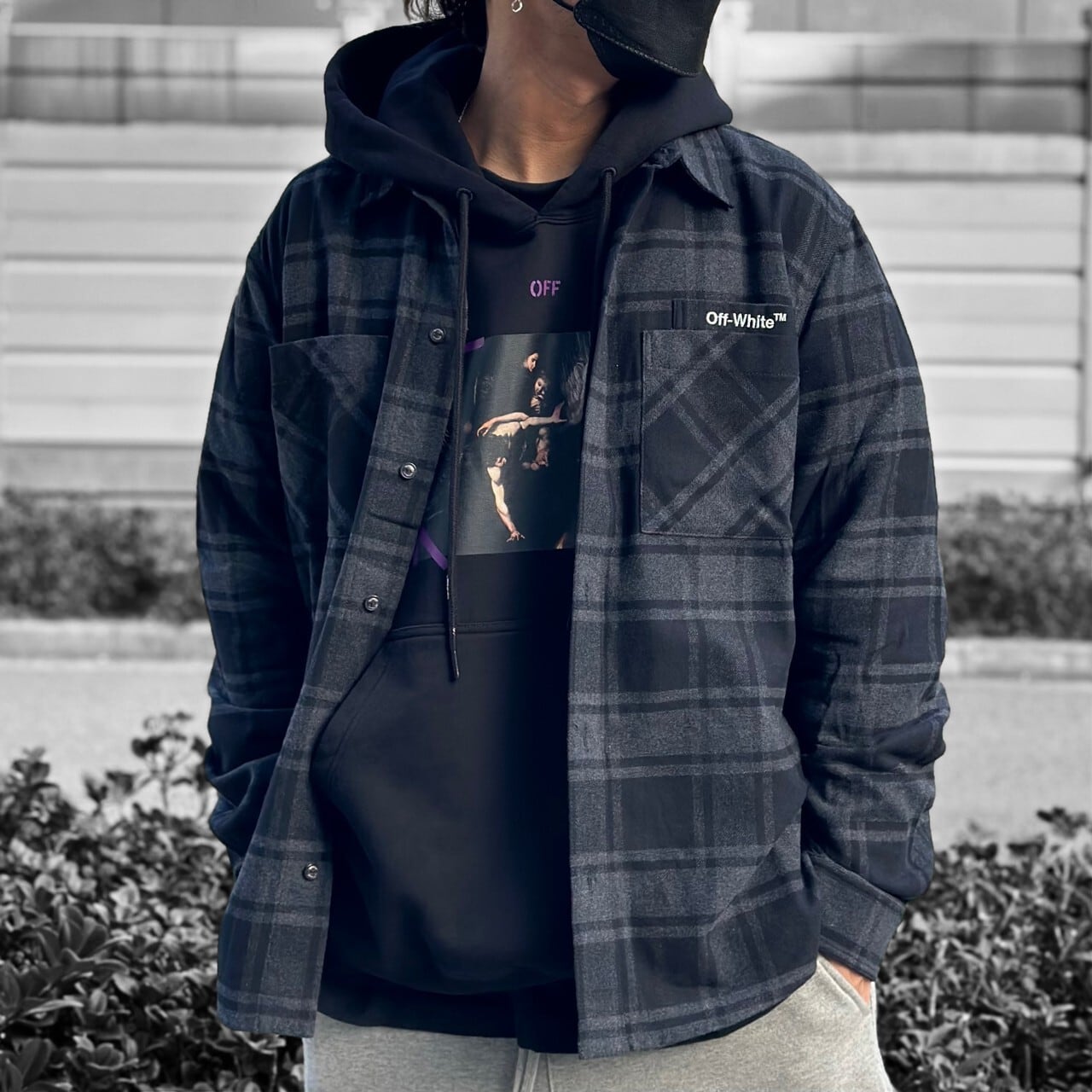 OFF-WHITE】OUTLINE ARR FLANNEL SHIRT(GREY/WHITE) | AYIN