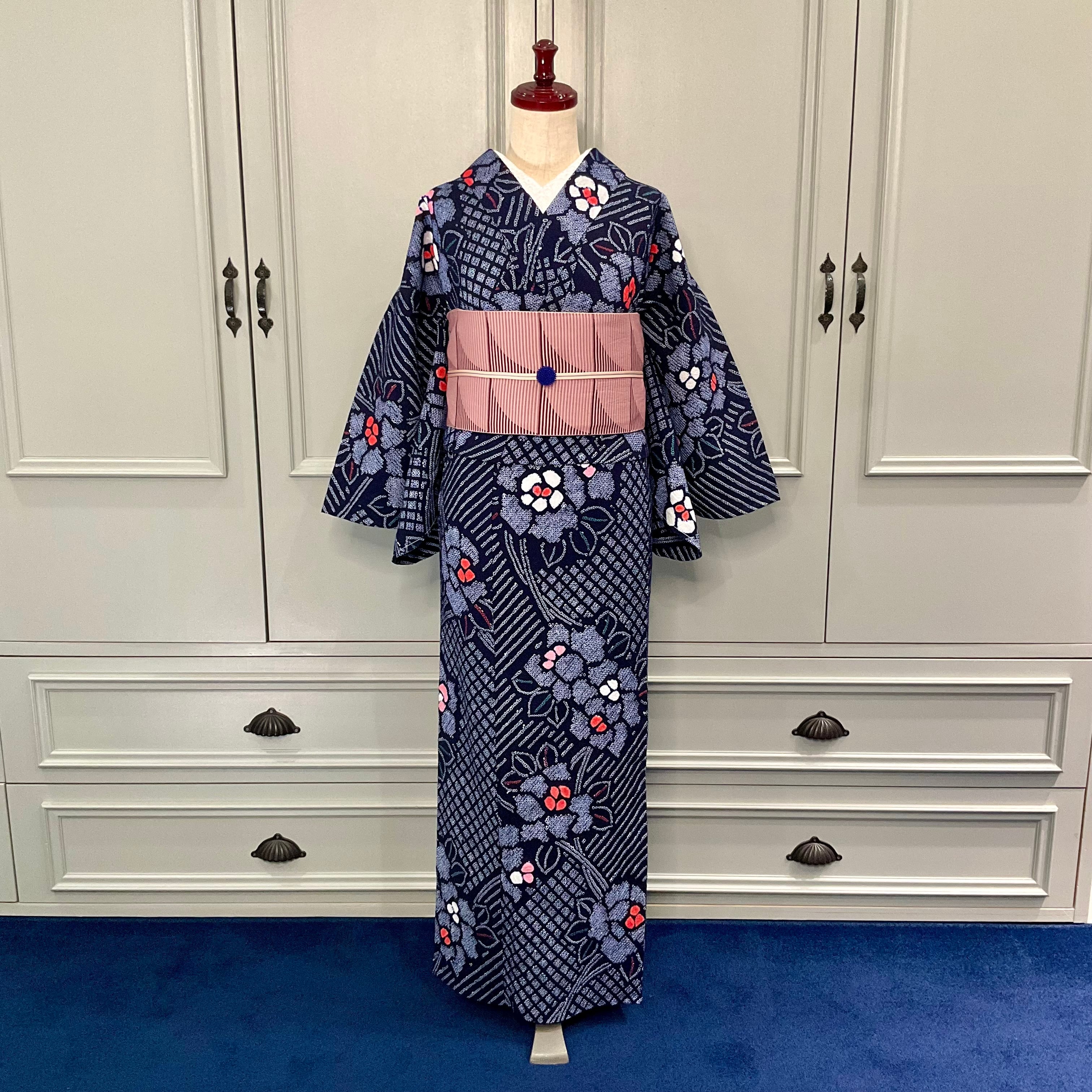 宵の花灯り＊総絞り バラ 花 フラワー 濃紺 紺 ネイビー レッド