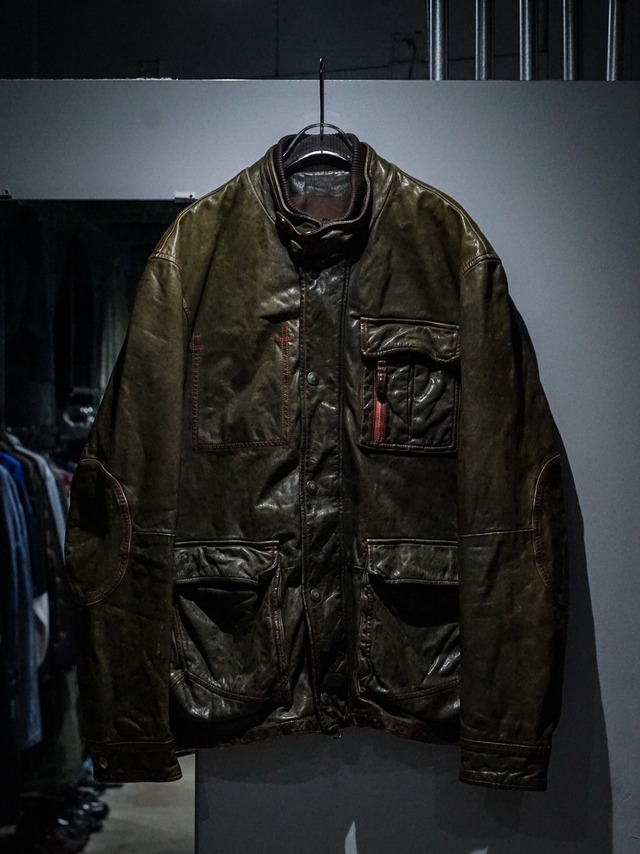 【add (C) vintage】"ARMANI JEANS" Pocket Gimmick Loose Leather Jacket
