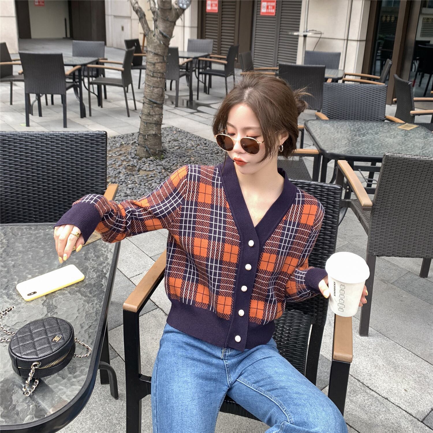 Vネックスタンダード格子柄セーター スプリングスタイル薄手カーディガンジャケット レトロ 春物 6Du_Shop_Women62616691394