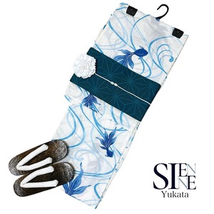 浴衣ジェンヌ 浴衣5点セット オフホワイトに青の金魚と水紋 綿 ゆかた 半幅帯 浴衣