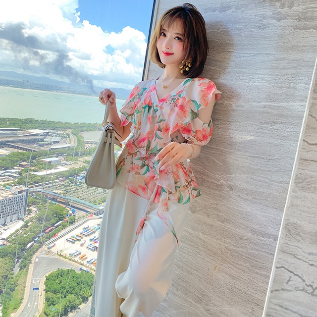 ウェストプリントシャツ サマー 夏物 オフショルダー MIUCO43994055960