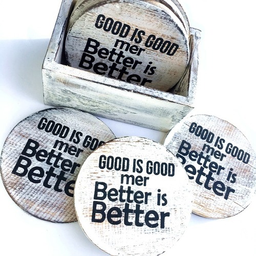 海を感じる メッセージ 丸型木製コースター 6P 収納BOX付(ホワイト)【バリ島直輸入】