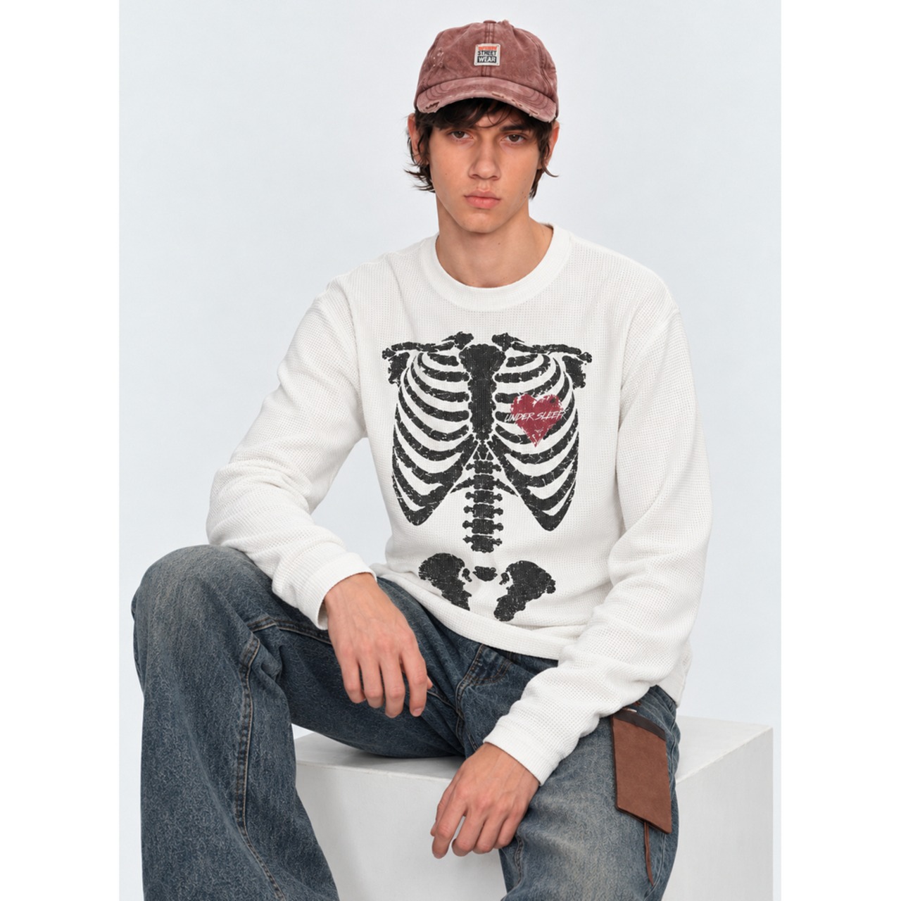 VINTAGE ストリート スケルトン ワッフル ロングTシャツ T2347