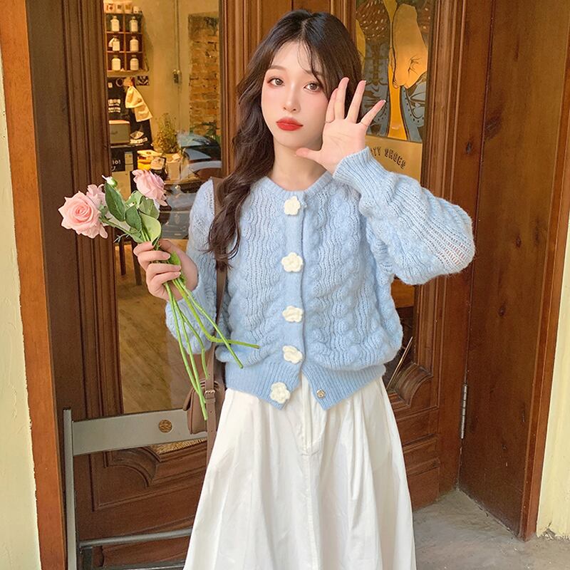 ブルーセーター コート スプリングオータムスタイルスタンダードニットショートトップス ロング レトロ 春物 秋物 試着室66341307952