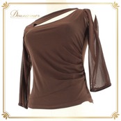 社交ダンス 衣装 スタンダード トップス レッスンウェア 茶色 アシンメトリー アシメ ブラウン系 Create-Sun クリエイトサン 無地 レース アダルト トップス レディース スポーツウェア おしゃれ フィット感 ダンスレッスン 柔らかい 生地 伸縮性 大人用 クール 夏用 カジュアル 練習着 上着 体型カバー おすすめ パーティー シンプル デザイン